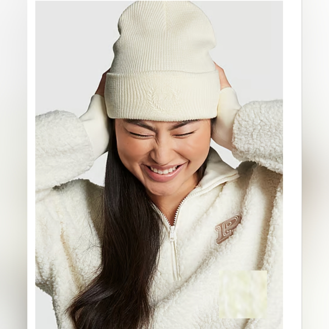 New Victoria Secret Pink Cream Rib Knit Beanie Hat